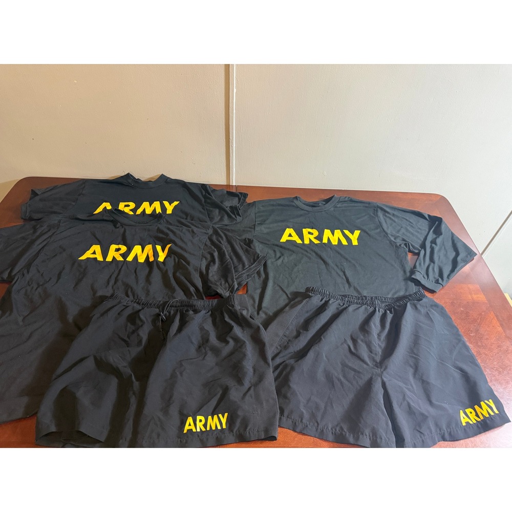 US Army APFU Training Gear Bundle 5pc Black Yellow PT Uniform Shirts Shorts L M